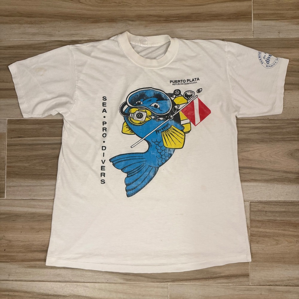 Vintage Velero Sea Pro Divers Puerto Plata Scuba Fish T-Shirt White XL Single St